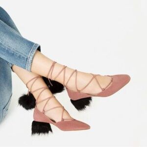 Elegant Pink Suede Fur Heel Lace-Up Shoes fur pom poms